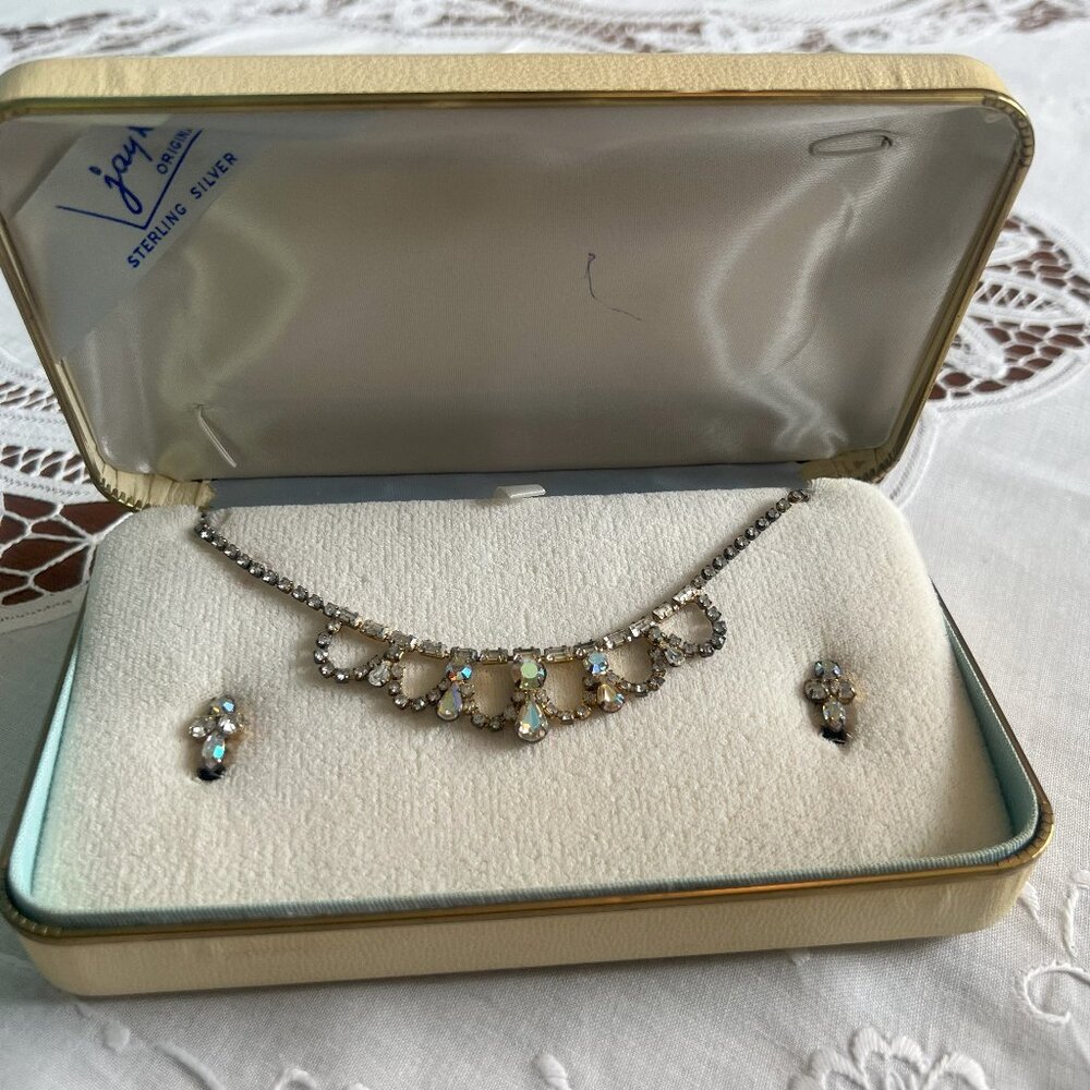 Vintage Necklace & Earrings Set Aurora Borealis Jay Kel Sterling Silver Wedding
